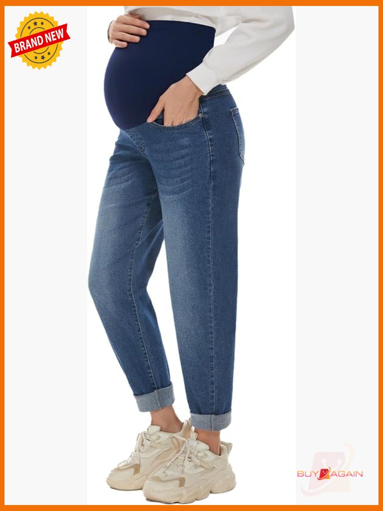 Maternity Boyfriend Jeans Over Belly Stretch Denim With Pockets